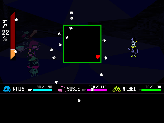 The JEVIL fight in DELTARUNE Fight Simulator: the battle box and the party