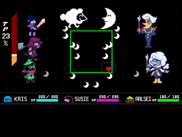 The Lanino & Elnina (rematch) fight in DELTARUNE Fight Simulator: the battle box and the party