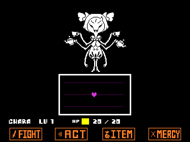 The Muffet fight in DELTARUNE Fight Simulator: the battle box and the party