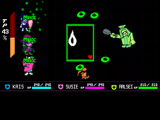 The Orange & Green fight in DELTARUNE Fight Simulator: the battle box and the party