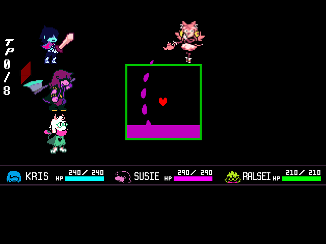 The Pink fight in DELTARUNE Fight Simulator: the battle box and the party