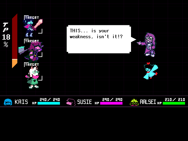 The Seth & Aqua fight in DELTARUNE Fight Simulator: the battle box and the party