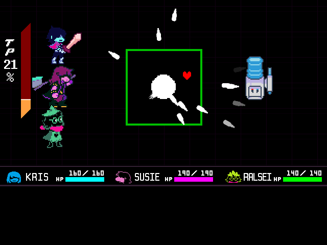 The Watercooler fight in DELTARUNE Fight Simulator: the battle box and the party