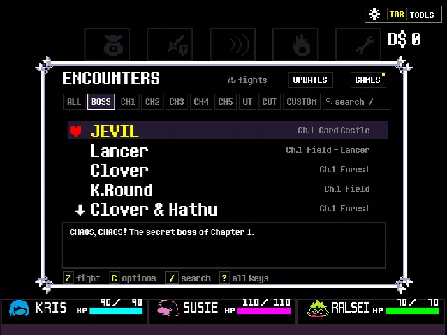 The fight list in the simulator, with the boss filter on.