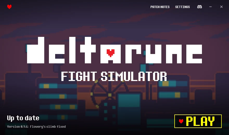 The desktop app's main screen: the logo over Cyber City, the version line and a PLAY button.