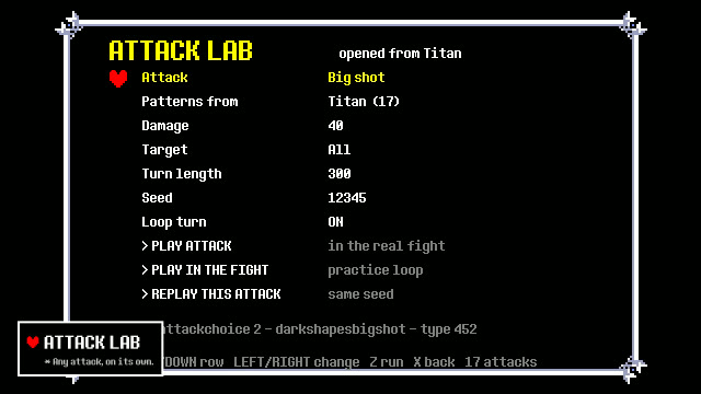 The Attack Lab: one attack from the Titan fight, its damage, turn length and seed.